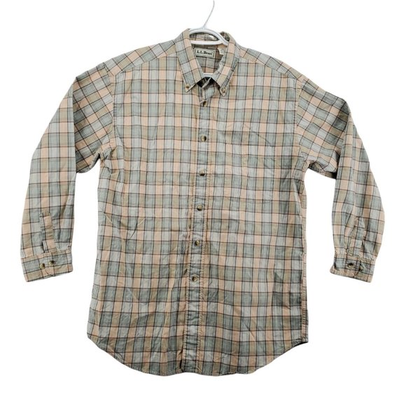 L L Bean Shirt Men's 3/4 Sleeve Button Up Reg Fit Plaid Green Blue Cream Medium - Picture 1 of 12